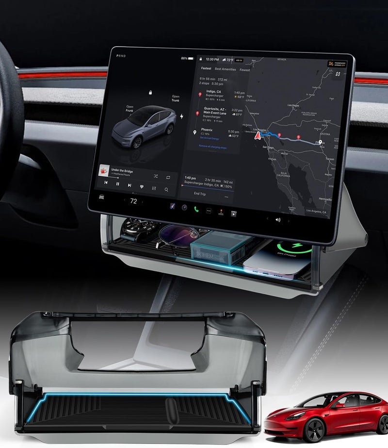 Autodecor 1Up Hidden Under Screen Storage - with Silicone Anti-Slip Mat Fit for 2016-2026 Tesla Model Y & 3 (Including Model 3 Highland) - Hidden Design Center Console Organizer Tray - Image 1