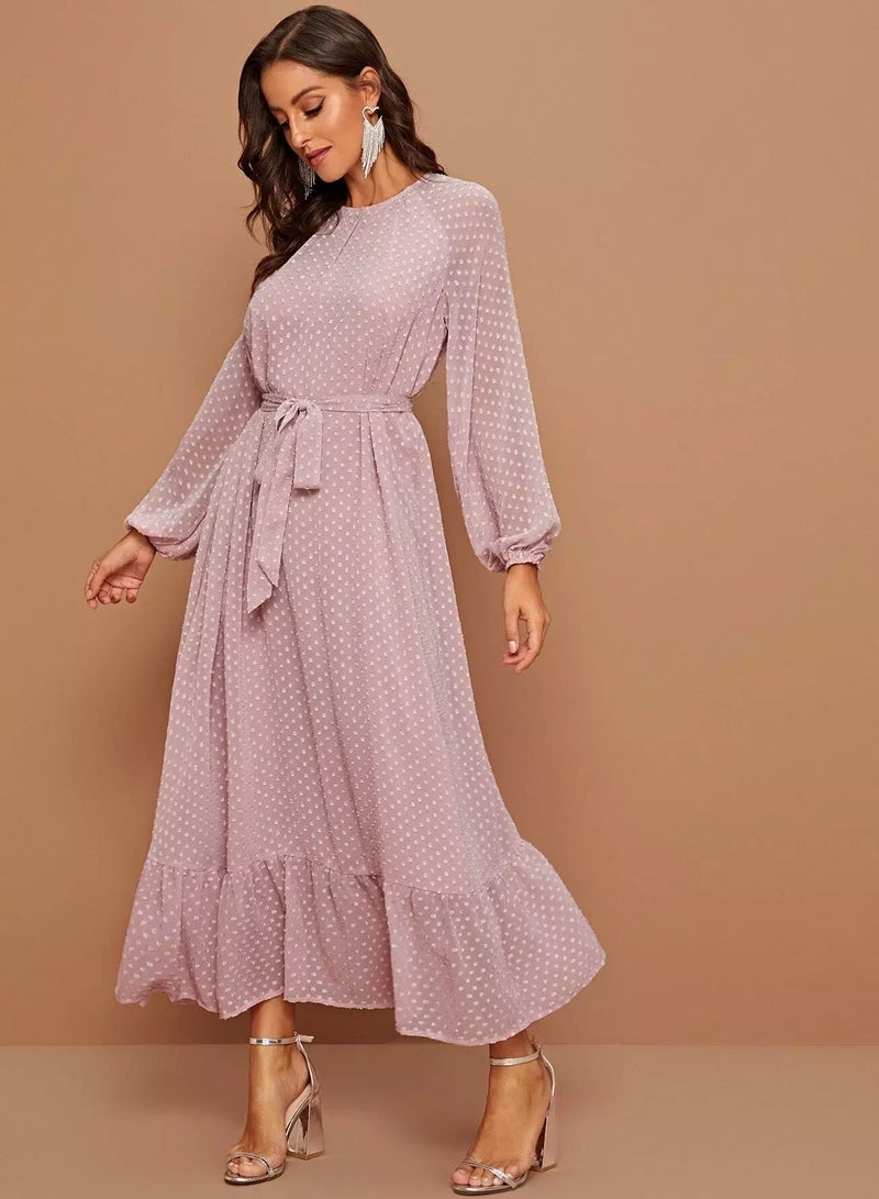 Raglan Lantern Sleeve Flounce Hem Swiss Dot Dress  - Image 1