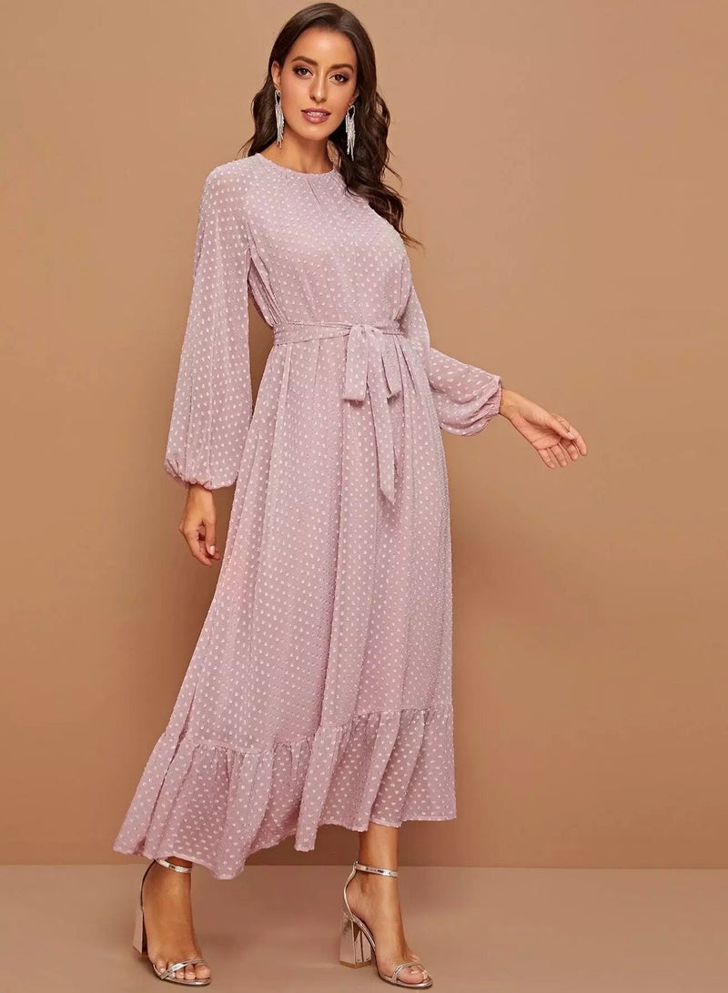 Raglan Lantern Sleeve Flounce Hem Swiss Dot Dress  - Image 3