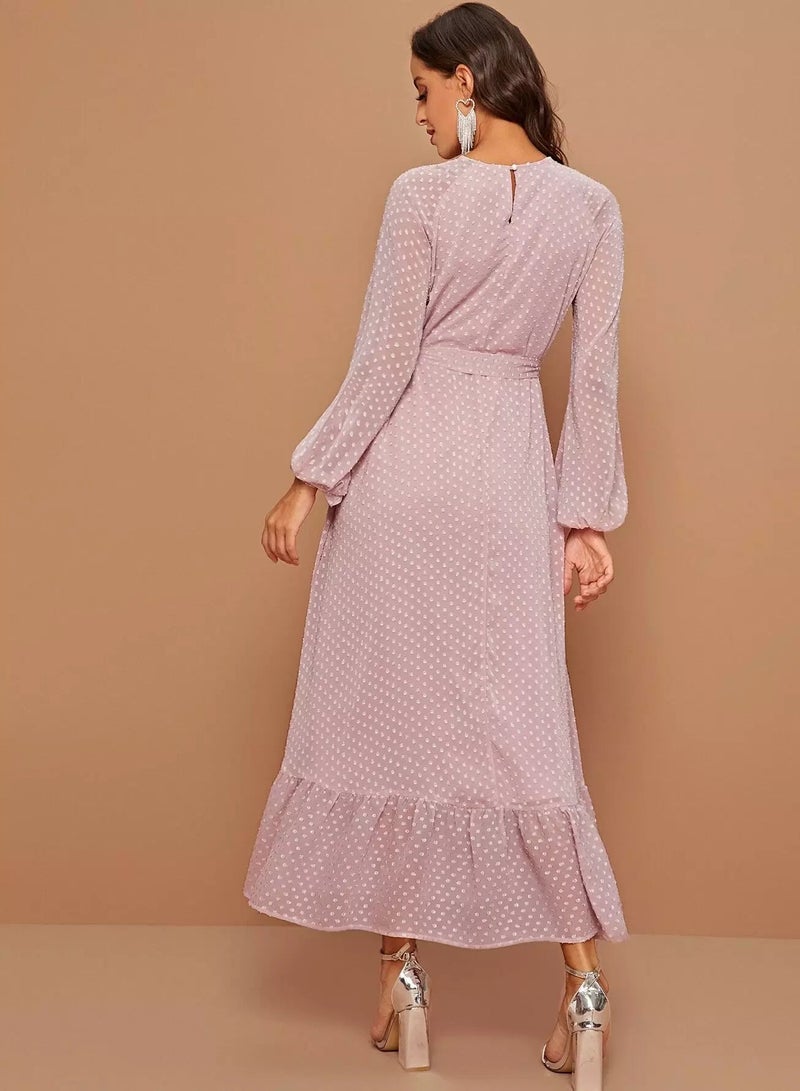 Raglan Lantern Sleeve Flounce Hem Swiss Dot Dress  - Image 2