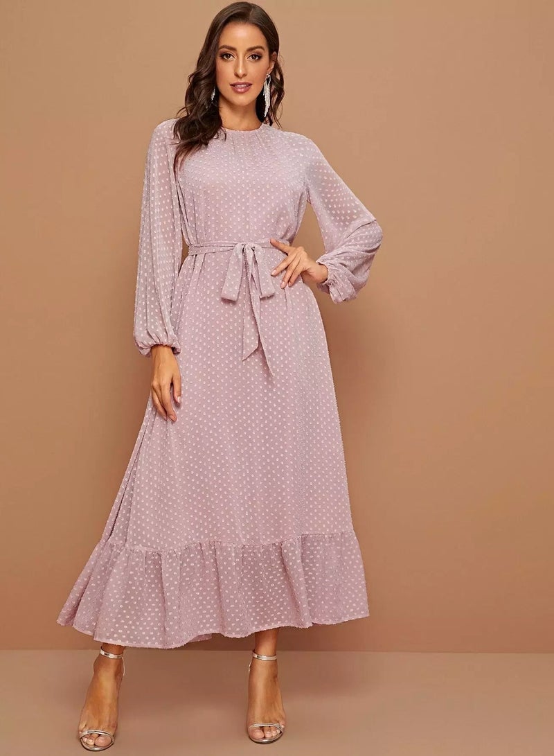 Raglan Lantern Sleeve Flounce Hem Swiss Dot Dress  - Image 4