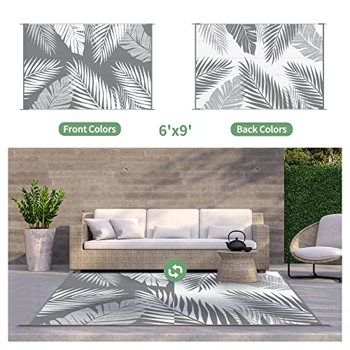 GENIMO Outdoor Rug 6' x 9' Waterproof for Patios Clearance, Reversible Plastic Straw Camping Carpet, Large Area Rugs Mats RV, Picnic, Backyard, Deck, Balcony, Porch, Beach, Grey&White - Image 2