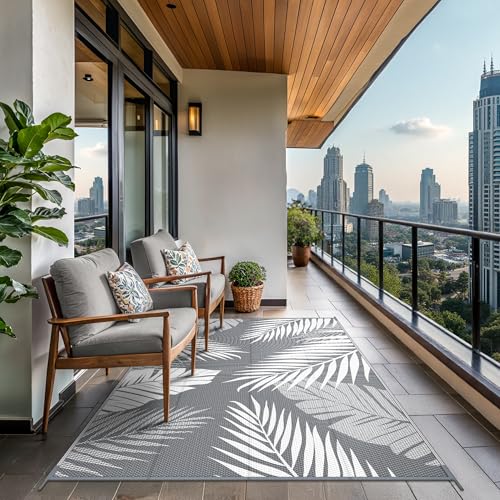 GENIMO Outdoor Rug 6' x 9' Waterproof for Patios Clearance, Reversible Plastic Straw Camping Carpet, Large Area Rugs Mats RV, Picnic, Backyard, Deck, Balcony, Porch, Beach, Grey&White - Image 4