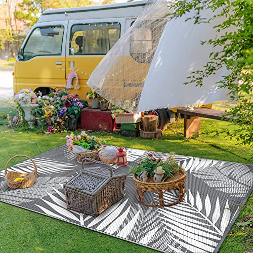 GENIMO Outdoor Rug 6' x 9' Waterproof for Patios Clearance, Reversible Plastic Straw Camping Carpet, Large Area Rugs Mats RV, Picnic, Backyard, Deck, Balcony, Porch, Beach, Grey&White - Image 3