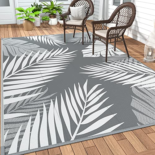 GENIMO Outdoor Rug 6' x 9' Waterproof for Patios Clearance, Reversible Plastic Straw Camping Carpet, Large Area Rugs Mats RV, Picnic, Backyard, Deck, Balcony, Porch, Beach, Grey&White - Image 1