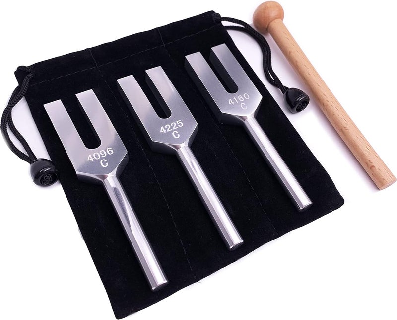 Tenfly Angel Tuning Forks Set, 4096 Hz, 4160 Hz, 4225 Hz for Healing Musical Instrument, with Wood Hammer and Soft Storage Bag - Image 1
