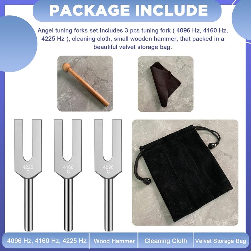 Tenfly Angel Tuning Forks Set, 4096 Hz, 4160 Hz, 4225 Hz for Healing Musical Instrument, with Wood Hammer and Soft Storage Bag - Image 3