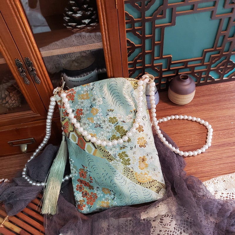 Chinese Style Tassel Crossbody Bag, Vertical Square, Palace Design, Pearl Decoration, for Women - Image 3