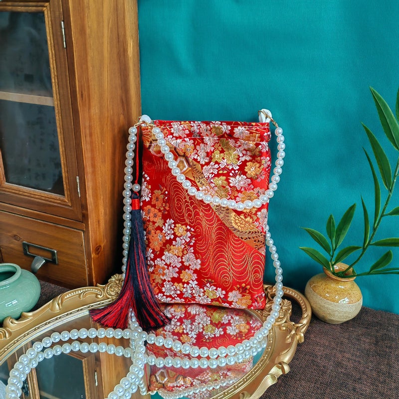 Chinese Style Tassel Crossbody Bag, Vertical Square, Palace Design, Pearl Decoration, for Women - Image 2