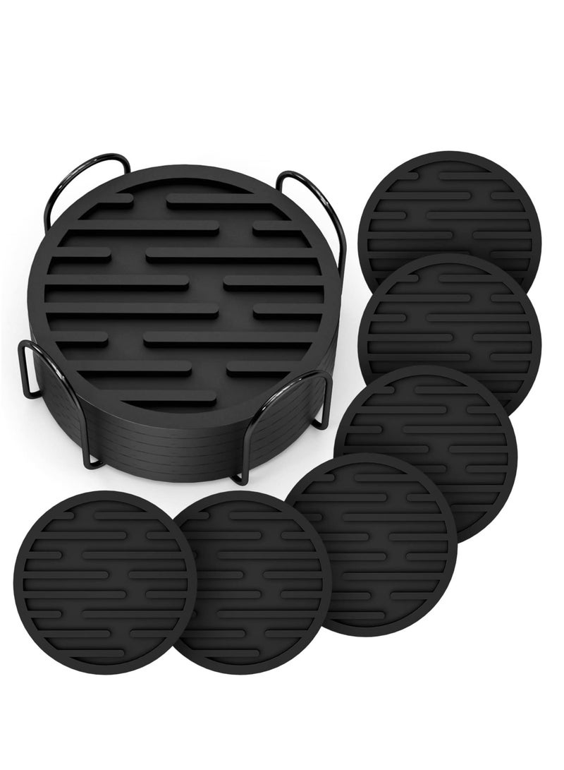 KASTWAVE Coasters for Coffee Table, Drink Coasters for Drinks Absorbent with Holder, Cup Coasters Black Silicone Coaster Set of 6 for Bar, Wooden Table, Non-Slip, Non-Stick, Coffee Table Decor - Image 1