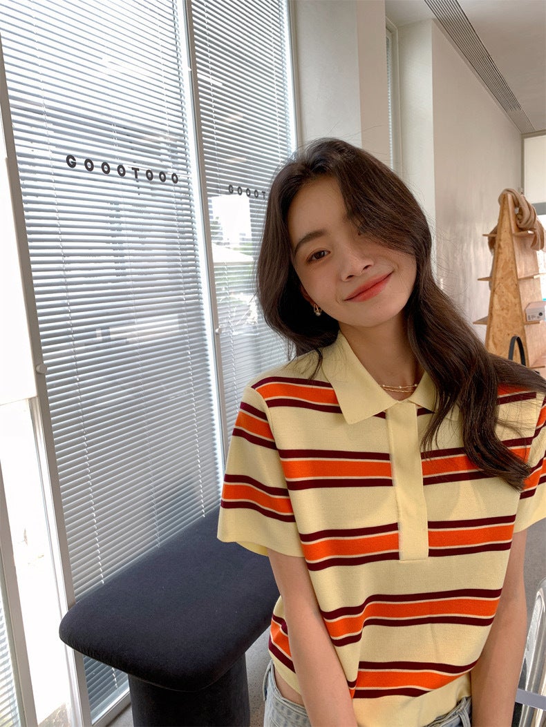 College Style Contrast Stripesd Polo Collar Short-Sleeved Knitwear For Women Lapel Tencel Casual Thin Bottoming T-Shirt - Image 3