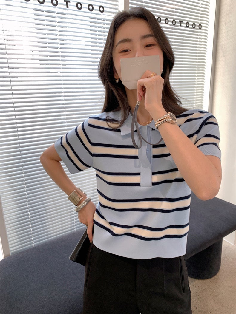 College Style Contrast Stripesd Polo Collar Short-Sleeved Knitwear For Women Lapel Tencel Casual Thin Bottoming T-Shirt - Image 2