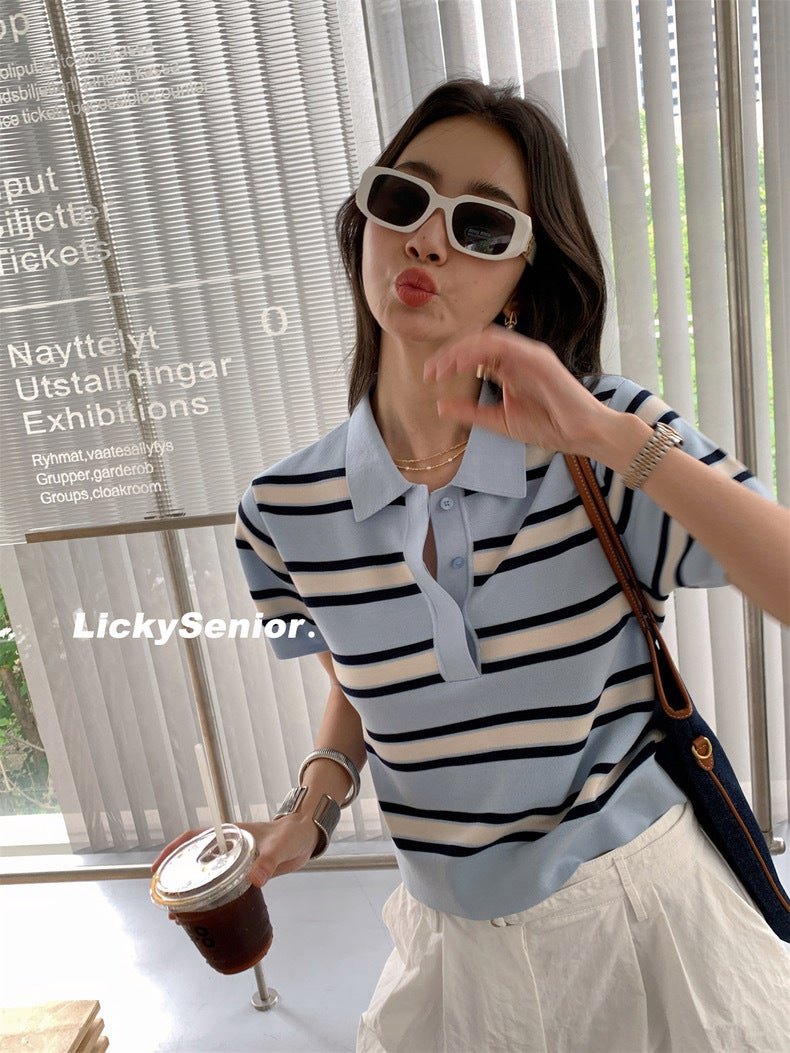 College Style Contrast Stripesd Polo Collar Short-Sleeved Knitwear For Women Lapel Tencel Casual Thin Bottoming T-Shirt - Image 1