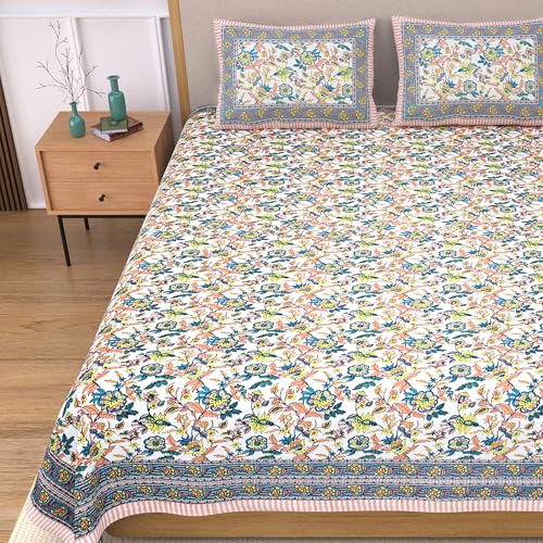 EasyGoods® 100% Pure Cotton Jaipuri Bedsheet with 2 Pillow Covers | Soft & Breathable Fabric | Traditional Floral Print | King Size (90x108 Inches) | Peach - Image 1