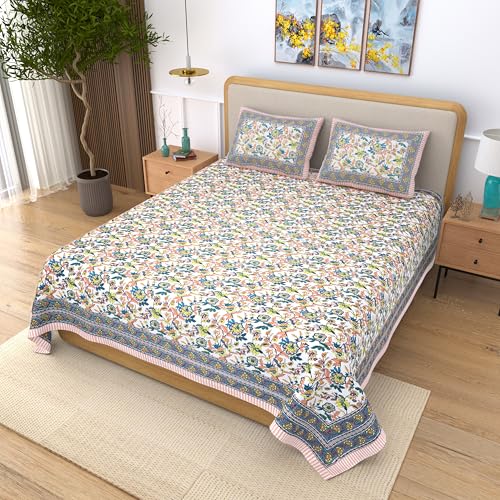 EasyGoods® 100% Pure Cotton Jaipuri Bedsheet with 2 Pillow Covers | Soft & Breathable Fabric | Traditional Floral Print | King Size (90x108 Inches) | Peach - Image 3