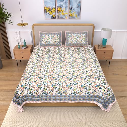 EasyGoods® 100% Pure Cotton Jaipuri Bedsheet with 2 Pillow Covers | Soft & Breathable Fabric | Traditional Floral Print | King Size (90x108 Inches) | Peach - Image 2