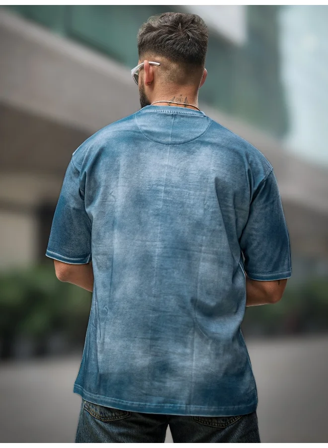 Maniac Maniac Mens Hidden Game Spray Printed Round Neck 3/4th Sleeve Blue Cotton T-Shirt