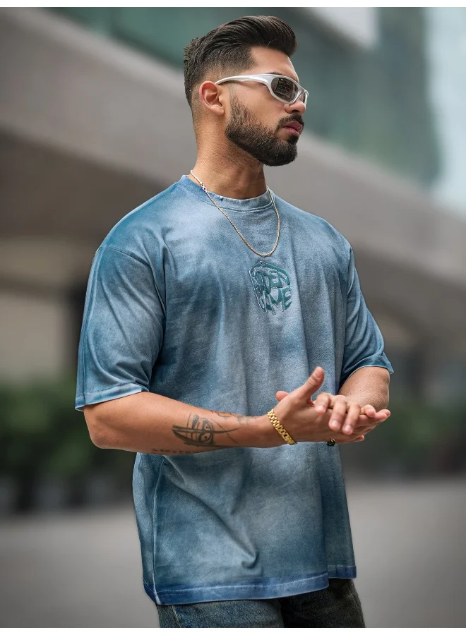 Maniac Maniac Mens Hidden Game Spray Printed Round Neck 3/4th Sleeve Blue Cotton T-Shirt