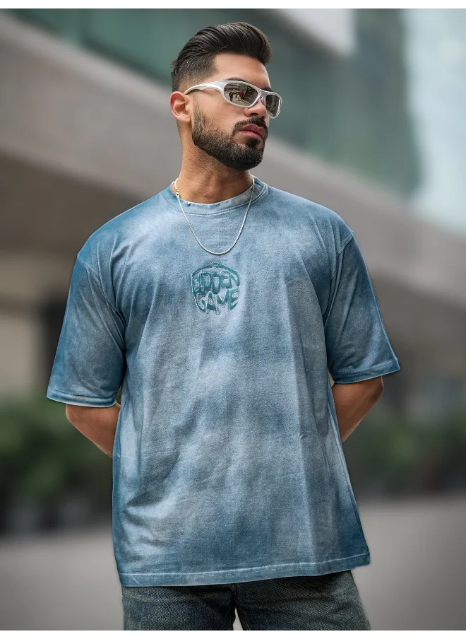 مانياك Maniac Mens Hidden Game Spray Printed Round Neck 3/4th Sleeve Blue Cotton T-Shirt