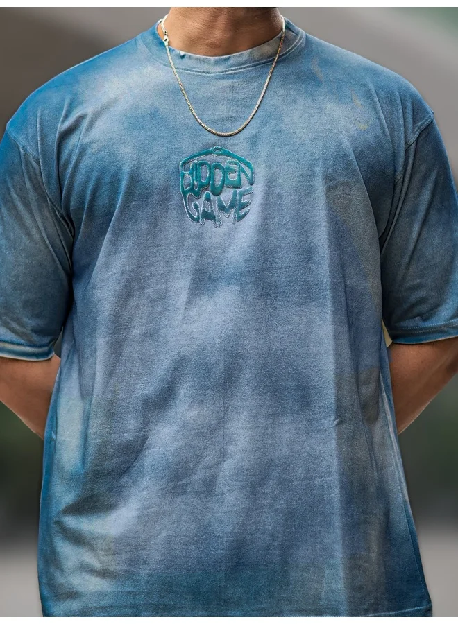 Maniac Maniac Mens Hidden Game Spray Printed Round Neck 3/4th Sleeve Blue Cotton T-Shirt