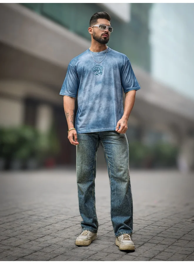 Maniac Maniac Mens Hidden Game Spray Printed Round Neck 3/4th Sleeve Blue Cotton T-Shirt