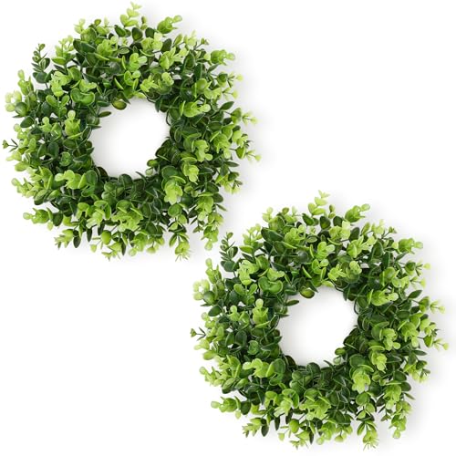 Vlorart 2Pcs Small Boxwood Wreath for Front Door, 11 Inch Wreath with Green Bows Boxwood Wreaths Weatherproof, Spring Summer Mini Wreaths for Cabinets, Candle Garland for Table Window Indoor Outdoor - Image 1