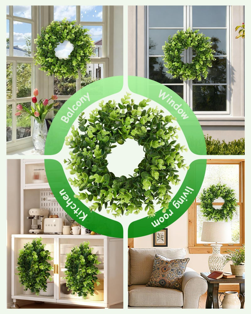 Vlorart 2Pcs Small Boxwood Wreath for Front Door, 11 Inch Wreath with Green Bows Boxwood Wreaths Weatherproof, Spring Summer Mini Wreaths for Cabinets, Candle Garland for Table Window Indoor Outdoor - Image 4