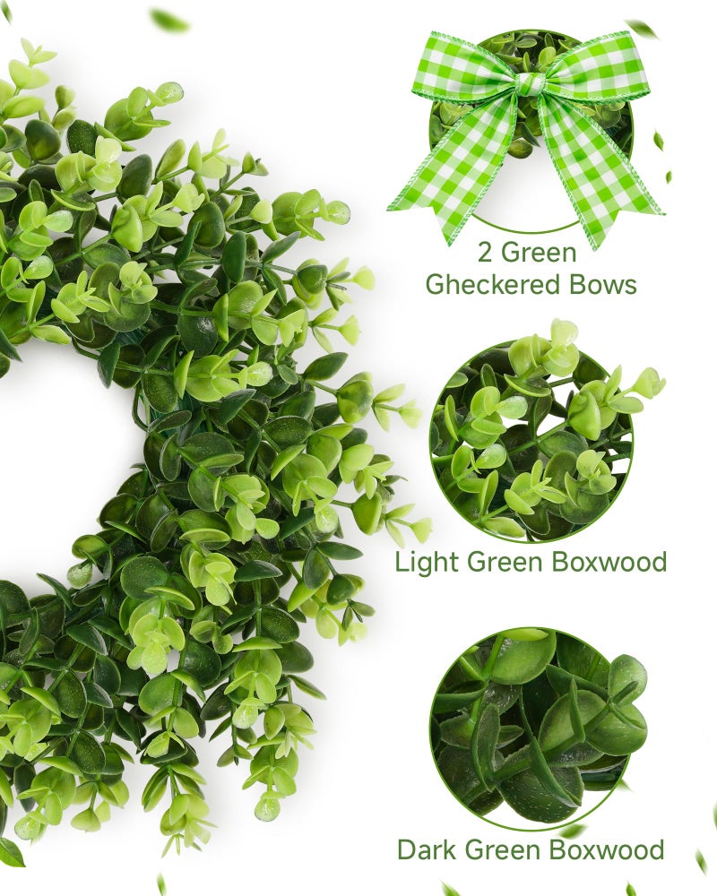 Vlorart 2Pcs Small Boxwood Wreath for Front Door, 11 Inch Wreath with Green Bows Boxwood Wreaths Weatherproof, Spring Summer Mini Wreaths for Cabinets, Candle Garland for Table Window Indoor Outdoor - Image 2