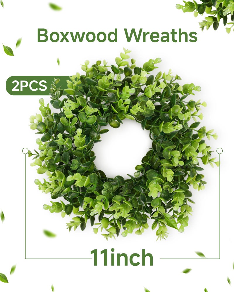 Vlorart 2Pcs Small Boxwood Wreath for Front Door, 11 Inch Wreath with Green Bows Boxwood Wreaths Weatherproof, Spring Summer Mini Wreaths for Cabinets, Candle Garland for Table Window Indoor Outdoor - Image 3