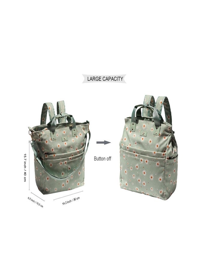 ESVAN Diaper Tote Bag Totepack Backpack Crossbody Bag 3 in 1 for Women Laptop Backpack Multifunctional with Insulated Pockets (Corduroy Matcha Daisy) - Image 2