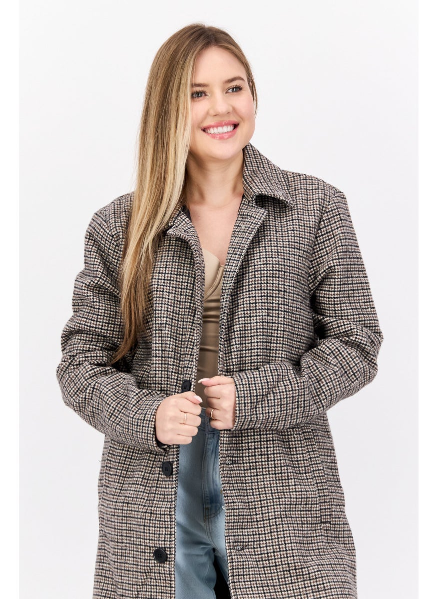BRAVE SOUL - Women Houndstooth Trench Coat, Brown Combo - Image 1