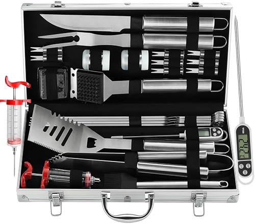 grilljoy 24PCS BBQ Grill Tools Set with Meat Thermometer and Injector Extra Thick Stainless Steel Fork Spatula Tongs Complete BBQ Accessories in Perfect Grill Gifts for Fathers Day - Image 1