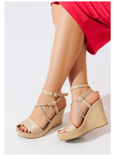 Sandal Heels Wedge Suede With Diamond Straps W-7 - Beige