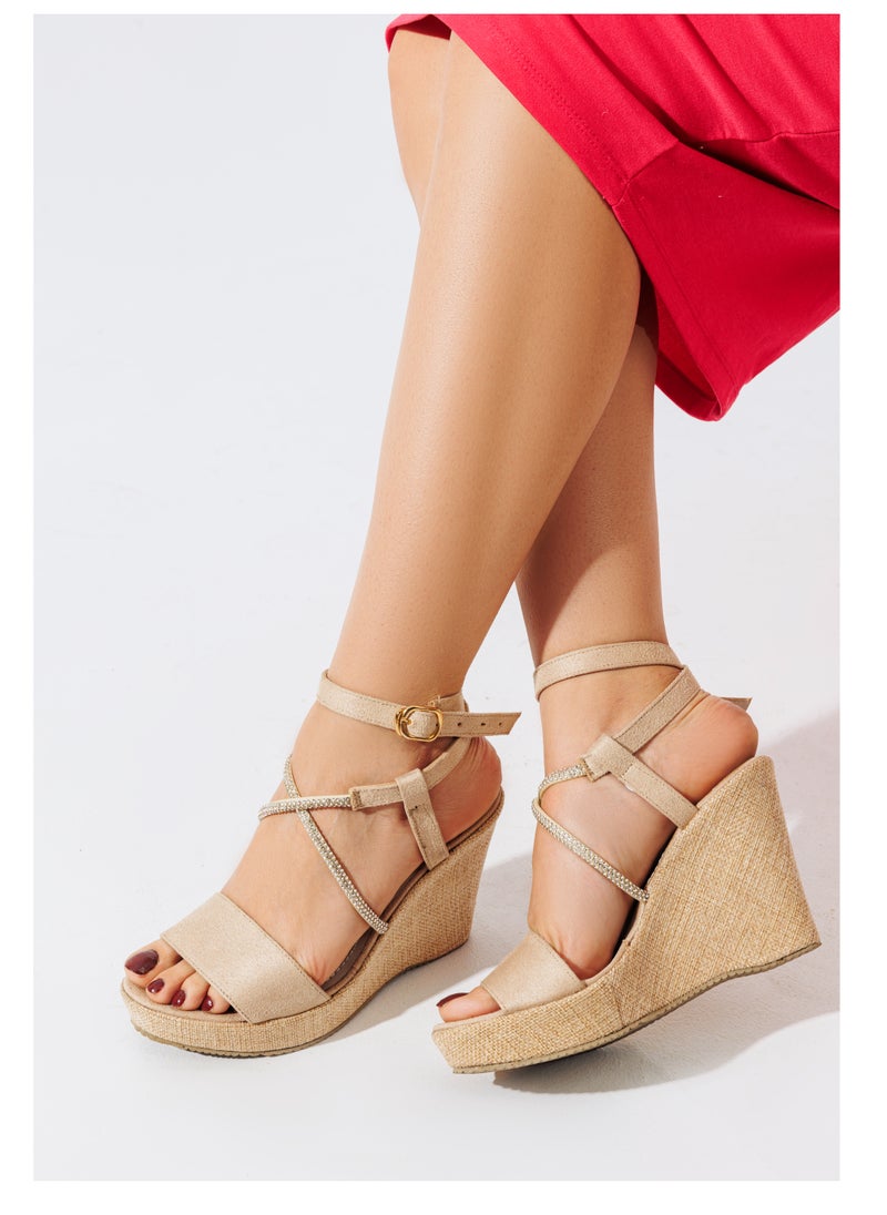 LIFESTYLISH - Sandal Heels Wedge Suede With Diamond Straps W-7 - Beige - Image 1