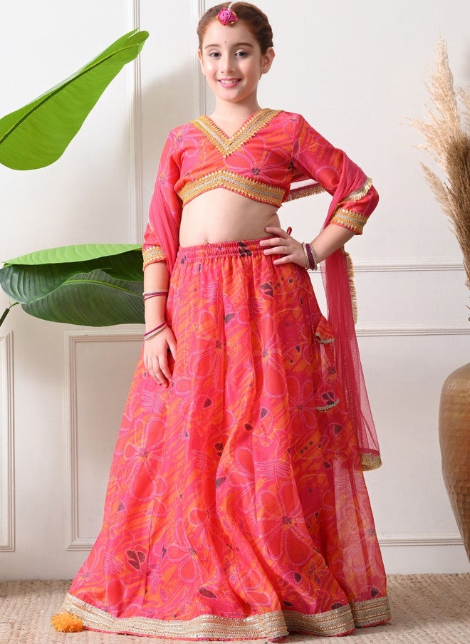 Indi-Loom Couture Girls Printed Gotta Patti Semi-Stitched Lehenga & Blouse With Dupatta - Image 3