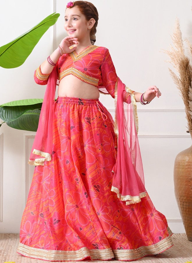 Indi-Loom Couture Girls Printed Gotta Patti Semi-Stitched Lehenga & Blouse With Dupatta - Image 2