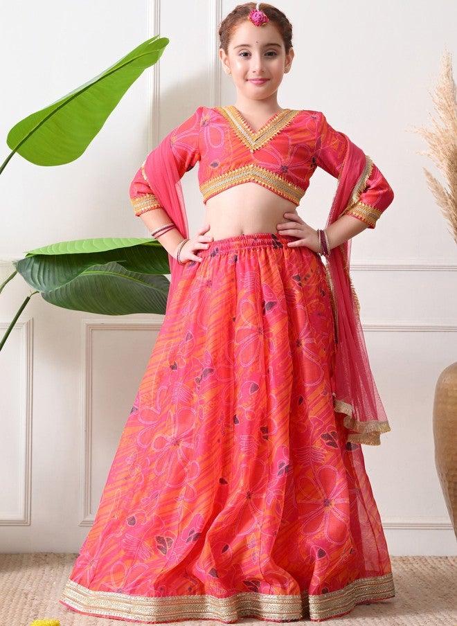 Indi-Loom Couture Girls Printed Gotta Patti Semi-Stitched Lehenga & Blouse With Dupatta - Image 1
