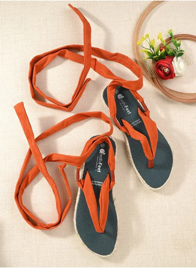 Fresh Feet V Strap Ankle Tie Up Flat Sandals by Styli