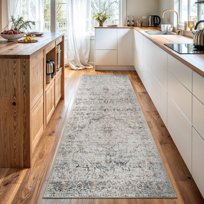 CARIA WASHABLE NONSLIP 12 FT RUNNER IVORYGRAYCARAMEL TRADITIONAL RUNNER FOR ENTRYWAY HALLWAY BATHROOM AND KITCHEN EXACT SIZE 26 X 12