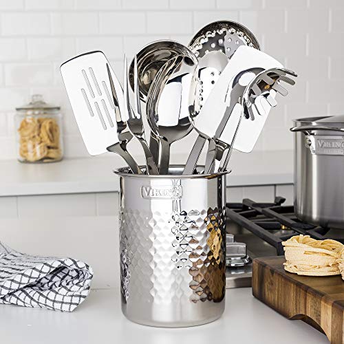 Viking Kitchen Utensil Holder, Hammered Stainless Steel Kitchen Utensils Organizer Crock, Counter Top Storage, Cooking Accessories, Silver - Image 2