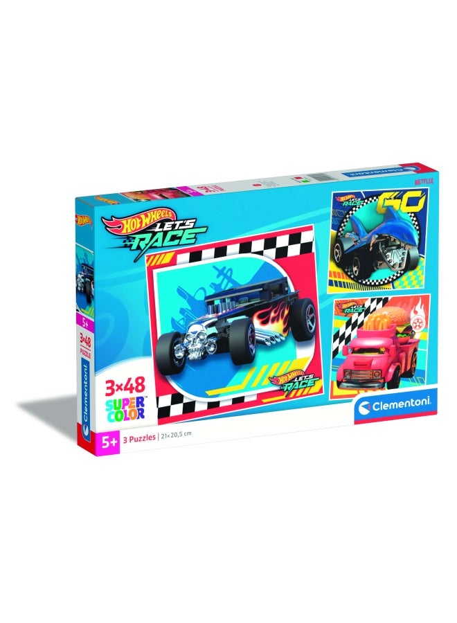 Clementoni Supercolor Hot Wheels - 3 x 48 (including 3 48 Pieces) Kids 5 Years Cartoon Puzzle, Made in Italy, Multi-Colour (25313) - Image 1