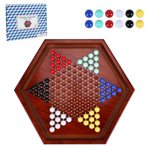 Offelec 14 inches Wooden Chinese Checkers Set 6012 Colorful Glass Marbles in 6 Colors Classic Strategy Games for Adults Kids and Seniors Fun for Whole Family Board Game Up to 6 Players - Image 1