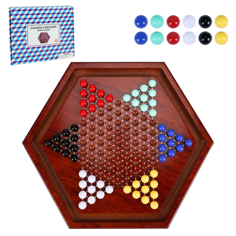 Offelec 14 inches Wooden Chinese Checkers Set 6012 Colorful Glass Marbles in 6 Colors Classic Strategy Games for Adults Kids and Seniors Fun for Whole Family Board Game Up to 6 Players - Image 3