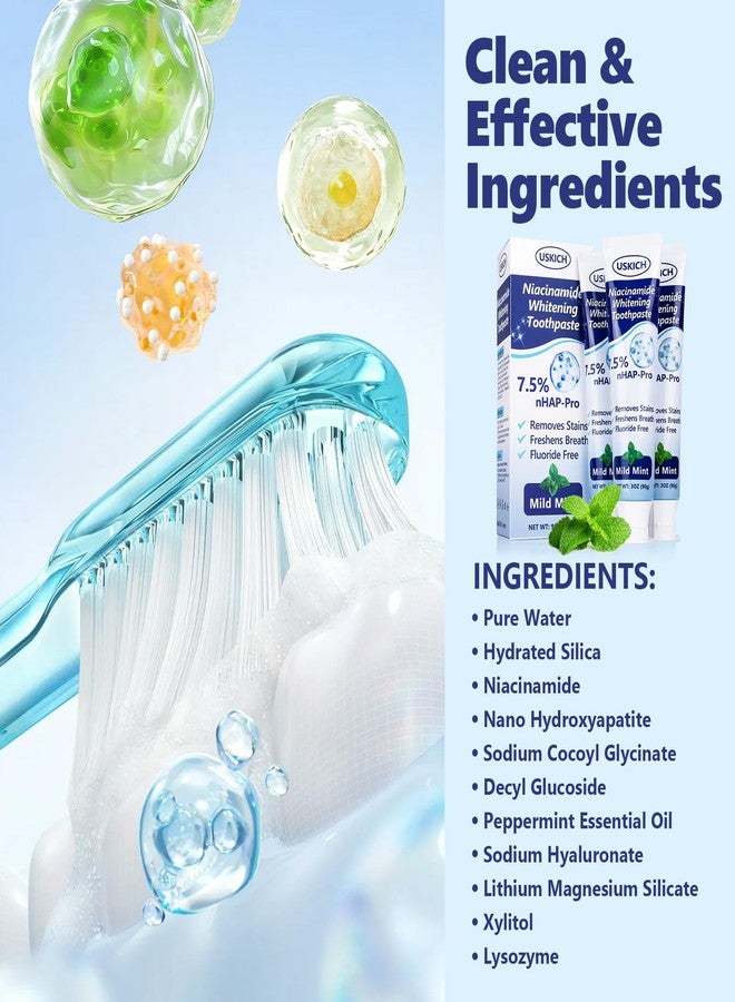 USKICH 7.5% Nano-Hydroxyapatite Toothpaste,3 Pack Fresh Breath Whitening Toothpaste,Natural Peppermint Fluoride Free Toothpaste for Gentle Enamel Care, Brightens Smile & Refreshes Breath - Image 2