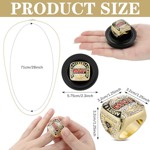 Loetere MVP Ring Most Valuable Player Ring Ball Games MVP Rings Sport Championship Trophy Ring with Display Neck Chain for Winner Tournament League Team Award Gift(Gold,6 Pcs) - Image 2