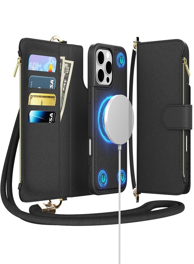 EEIFO Removable Wallet Case for iPhone 16 Pro Max (6.7 inch) with Shoulder Strap, 2 in 1 Multifunctional Magnetic Wallet Case with Card Holder, Zipper Phone Case with - Image 1