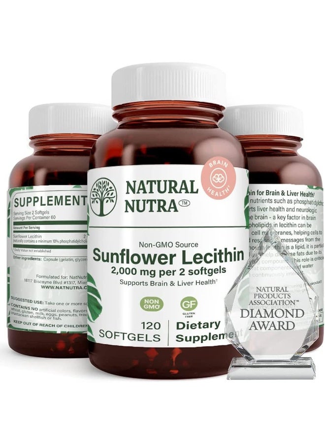 Natural Nutra Sunflower Lecithin 2000 mg Supplement – Soy Free, Gluten-Free, Improve Liver Function, Promotes Brain Health, Helps to Improve Memory, Focus and Concentration, 120 Softgels (2 Pack) - Image 1