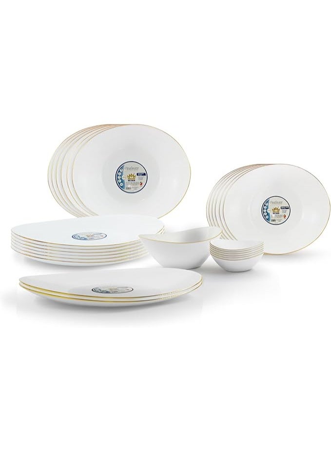 Melrich Dinnerware 27 Pcs Set Gold line Opal Glassware Microwave safe Dishwasher safe Heat Resistance 2 Oval Plate 6 Dinner plate 6 Soup plate 6 Dessert plate 1 Large Bowl 6 Medium Bowl - Image 1