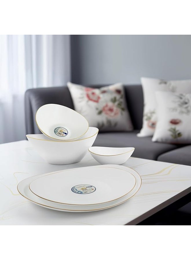 Melrich Dinnerware 27 Pcs Set Gold line Opal Glassware Microwave safe Dishwasher safe Heat Resistance 2 Oval Plate 6 Dinner plate 6 Soup plate 6 Dessert plate 1 Large Bowl 6 Medium Bowl - Image 2