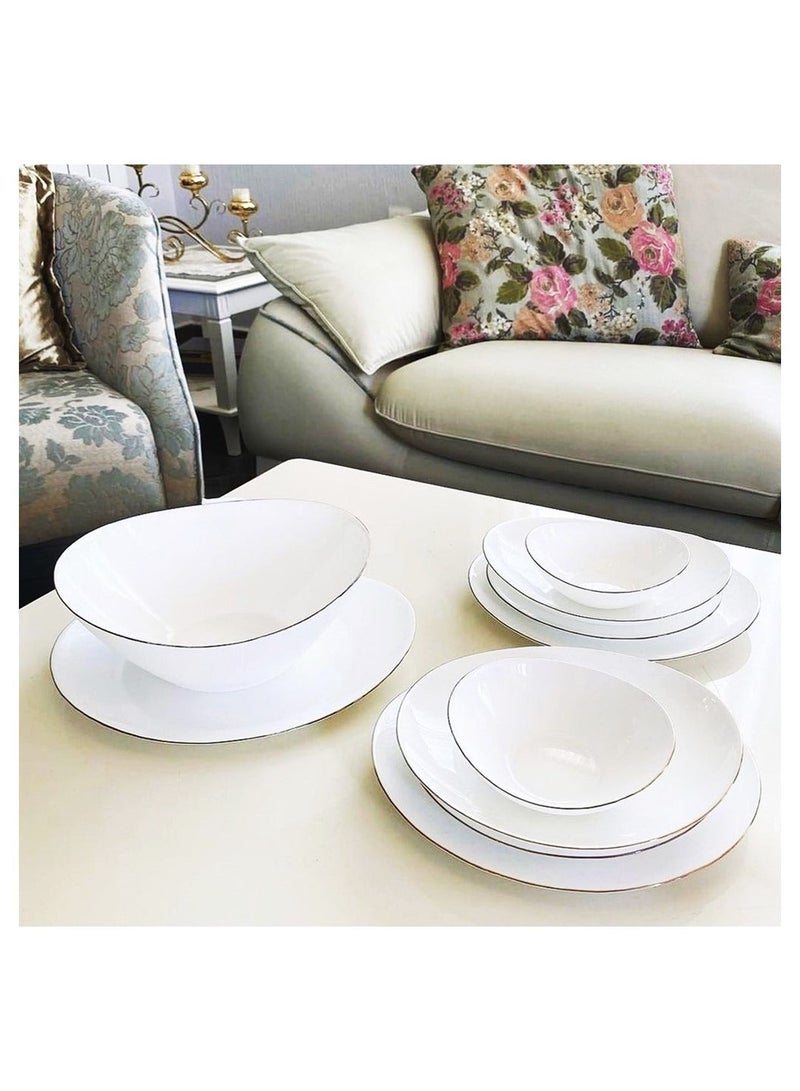 Melrich Dinnerware 27 Pcs Set Gold line Opal Glassware Microwave safe Dishwasher safe Heat Resistance 2 Oval Plate 6 Dinner plate 6 Soup plate 6 Dessert plate 1 Large Bowl 6 Medium Bowl - Image 3
